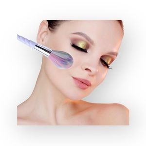 new Unicorn Horn ༄ 10 Piece Kabuki Makeup Brush Set ༄ Pearl ༄ Pink Hologram Case